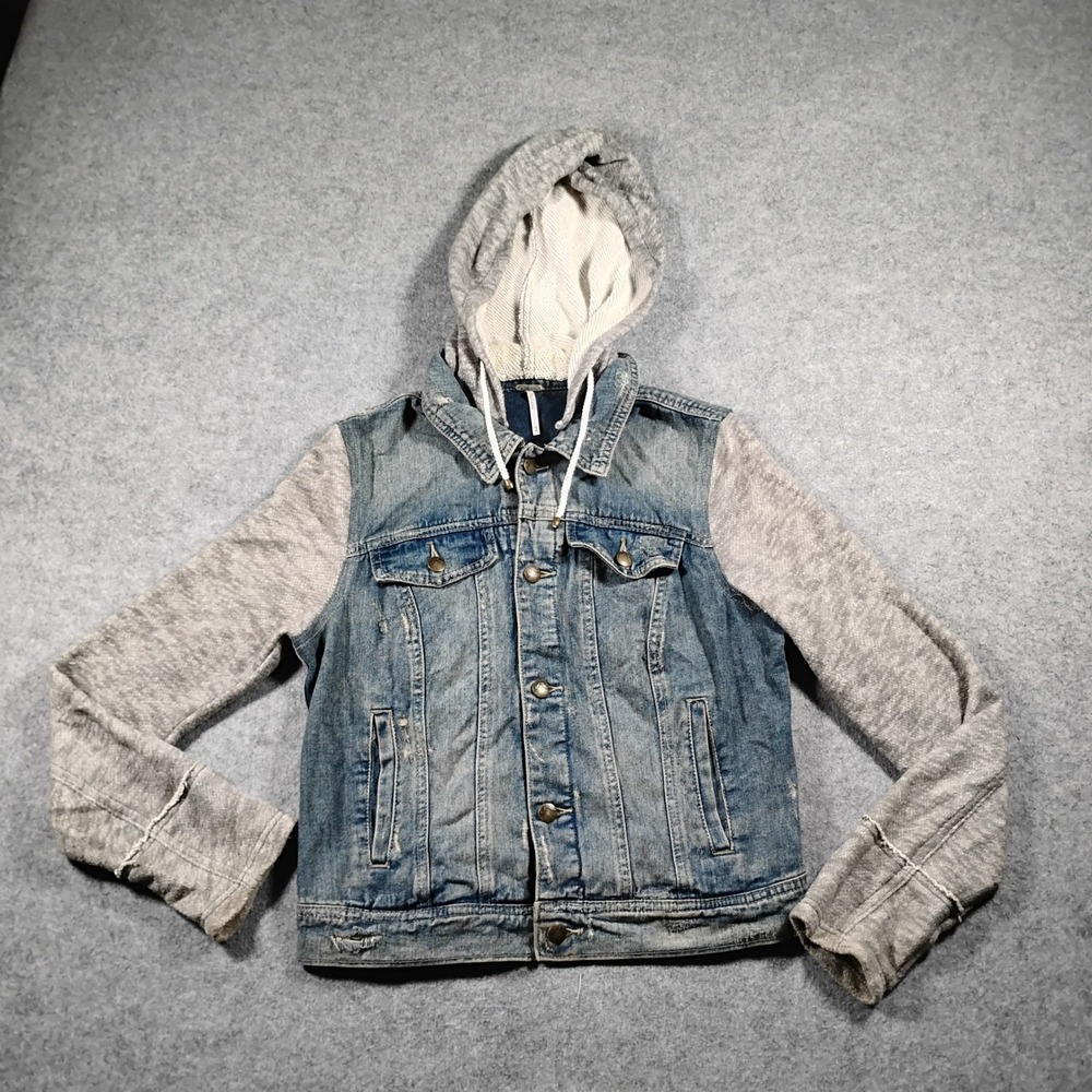 Free People Women's Blue Knit Hooded Denim Jacket Combo Distressed Size M - Picture 1 of 11